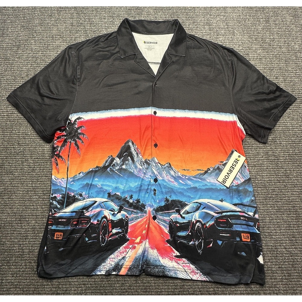 Reservoir Shirt Mens Large Multicolor Car Racing Button Front Stretch Quick‎ Dry